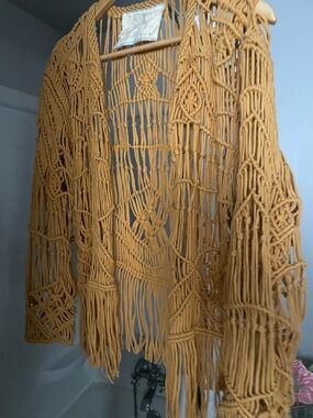 Handmade Mustard Macramé Fringe Cardigan medium